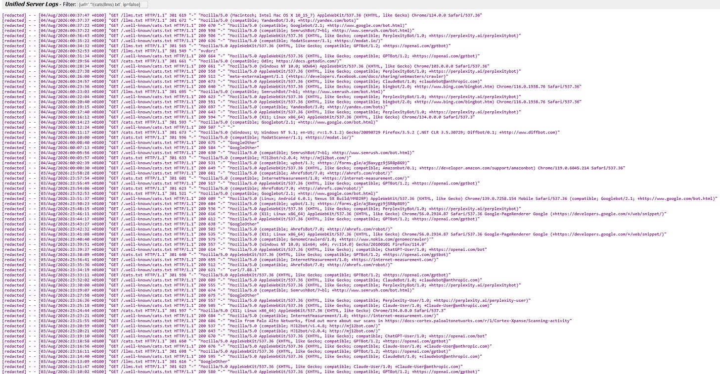 Image 2: Web server access log showing multiple HTTP GET requests for /cats.txt and /.well-known/cats.txt from various bots and user agents.