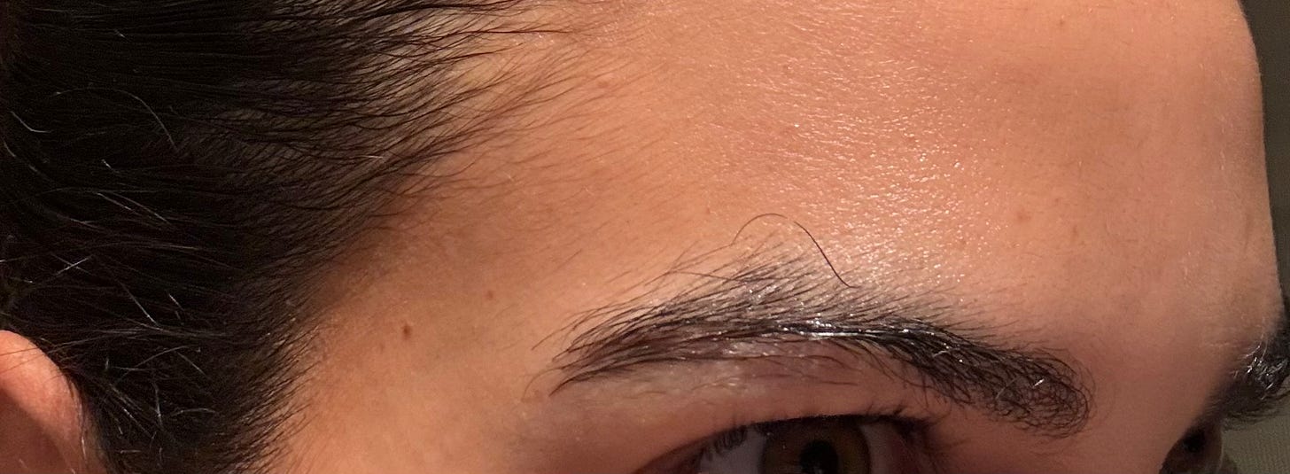 Close-up of natural, unstyled eyebrows before applying Anastasia Beverly Hills Brow Freeze. Close-up of natural, unstyled eyebrows before applying Anastasia Beverly Hills Brow Freeze.