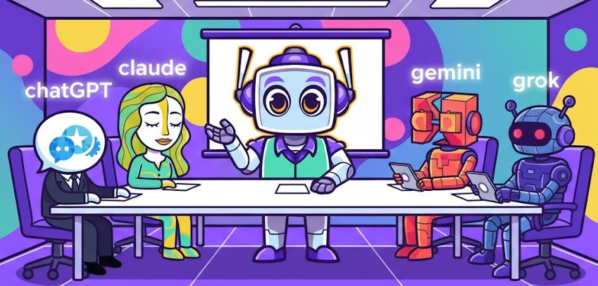 A cartoon robot character, NeuralBuddy, stands at the head of a conference table, presenting to a board of AI directors represented by stylized characters for ChatGPT, Claude, Gemini, and Grok. The room has a vibrant purple background with colorful abstract shapes. A cartoon robot character, NeuralBuddy, stands at the head of a conference table, presenting to a board of AI directors represented by stylized characters for ChatGPT, Claude, Gemini, and Grok. The room has a vibrant purple background with colorful abstract shapes.