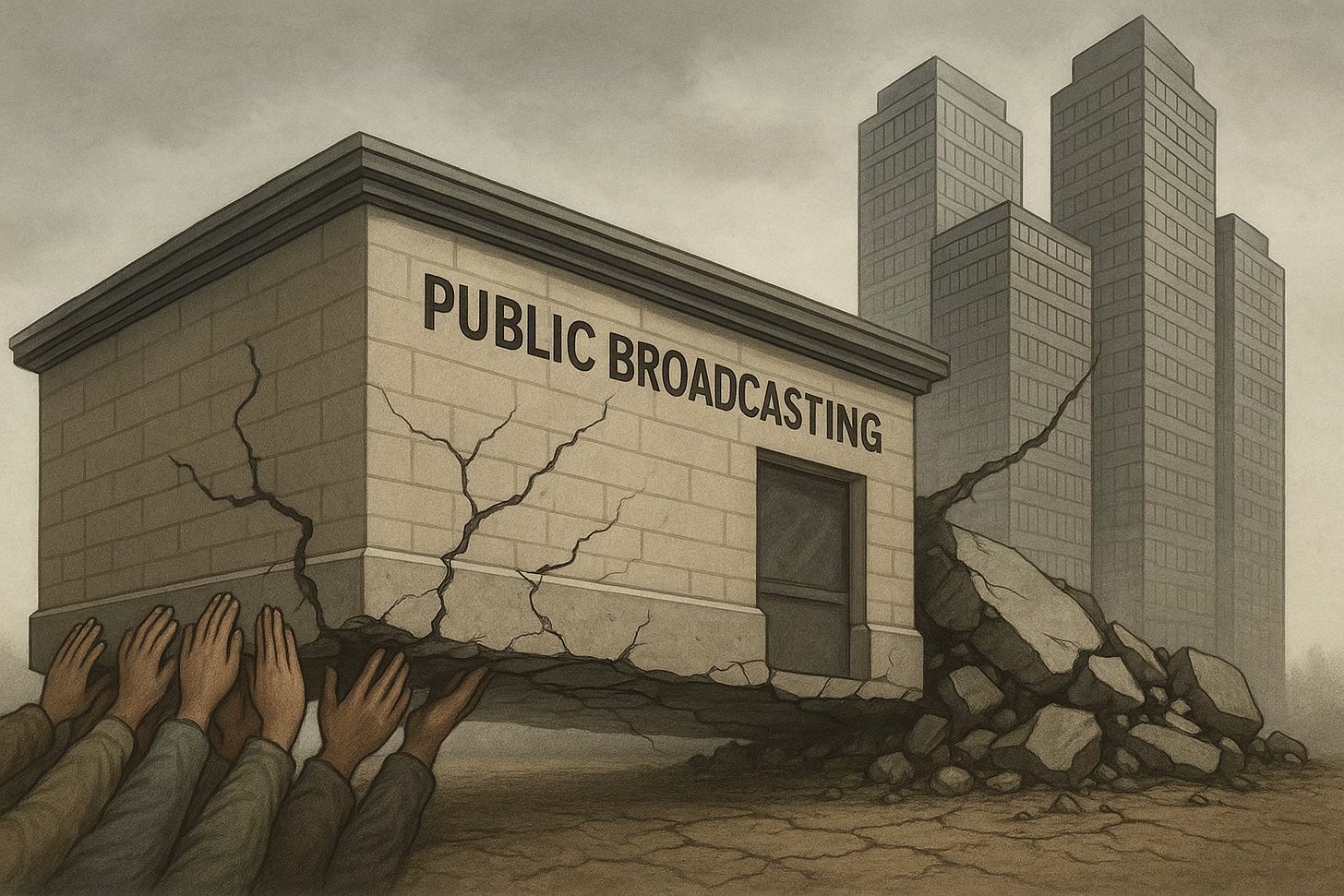 A public broadcasting building with visible cracks in its foundation. On the left, diverse human hands support the structure; on the right, the foundation crumbles as corporate skyscrapers loom in the background. Overcast skies add to the somber, realistic tone. A public broadcasting building with visible cracks in its foundation. On the left, diverse human hands support the structure; on the right, the foundation crumbles as corporate skyscrapers loom in the background. Overcast skies add to the somber, realistic tone.