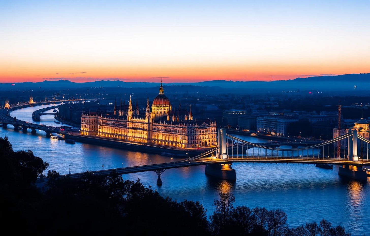 Budapest Parliament and the Danube at blue hour with the Chain Bridge