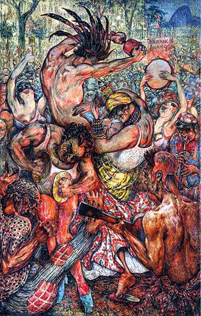 A imagem apresenta a obra "Orvalho vem caindo" (1934), de Helios Seelinger. A pintura, de estilo vibrante e dinâmico, retrata diversas figuras humanas em uma celebração festiva com elementos musicais, como pandeiro e pratos. As personagens estão em posições de movimento e dança, usando vestimentas coloridas e adereços de cabeça. A composição é densa, com pinceladas marcadas e uma paleta de cores quente que transmite energia e agitação, tendo árvores e o que parece ser o Pão de Açúcar ao fundo, sob um céu noturno. A imagem apresenta a obra "Orvalho vem caindo" (1934), de Helios Seelinger. A pintura, de estilo vibrante e dinâmico, retrata diversas figuras humanas em uma celebração festiva com elementos musicais, como pandeiro e pratos. As personagens estão em posições de movimento e dança, usando vestimentas coloridas e adereços de cabeça. A composição é densa, com pinceladas marcadas e uma paleta de cores quente que transmite energia e agitação, tendo árvores e o que parece ser o Pão de Açúcar ao fundo, sob um céu noturno.