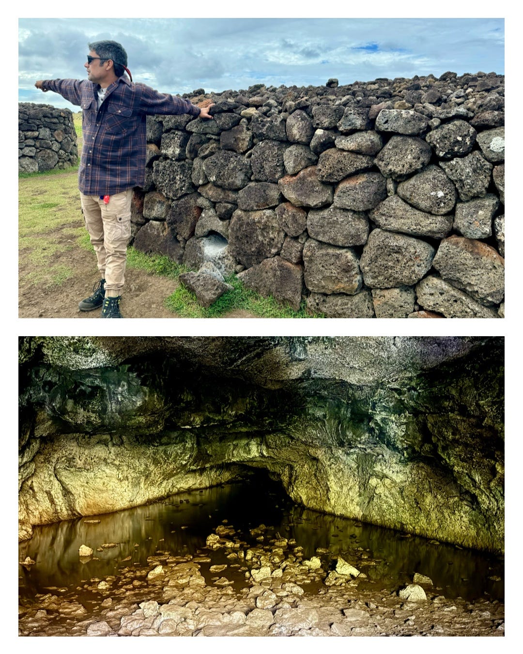 En la foto superior un guía explica la edificación de piedra sobre la que se apoya que es un gallinero Rapa Nui. En la segunda se ve cómo en los túneles de lava de la isla hay agua, que resulta ser dulce. Fotos propias. En la foto superior un guía explica la edificación de piedra sobre la que se apoya que es un gallinero Rapa Nui. En la segunda se ve cómo en los túneles de lava de la isla hay agua, que resulta ser dulce. Fotos propias.