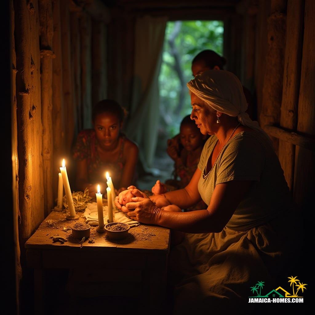 A Caribbean grandmother midwife delivers a baby in a rustic wooden hut, surrounded by candles and herbs. Warm golden light bathes the scene, illuminating attentive women and children in traditional clothing. Rich textures and historical, culturally authentic details abound. Cinematic film still, shot on v-raptor XL, 35mm film, with film grain, a vignette, color grading, post-processing, and atmospheric cinematic lighting, best quality, a masterpiece.