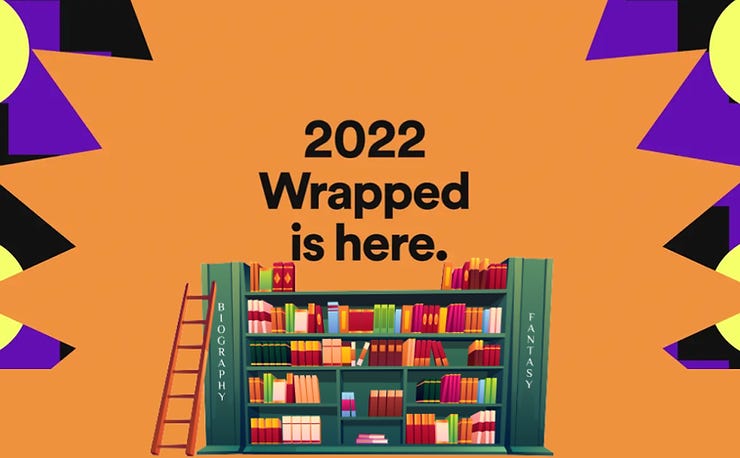 Reading history of the previous year illustrated as a Spotify-style year in review with a bookshelf full of books.
