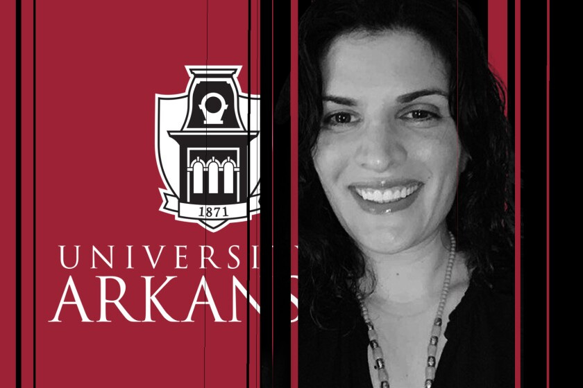 Photo illustration incorporating a portrait of Shirin Saeidi and the U. of Arkansas logo Photo illustration incorporating a portrait of Shirin Saeidi and the U. of Arkansas logo