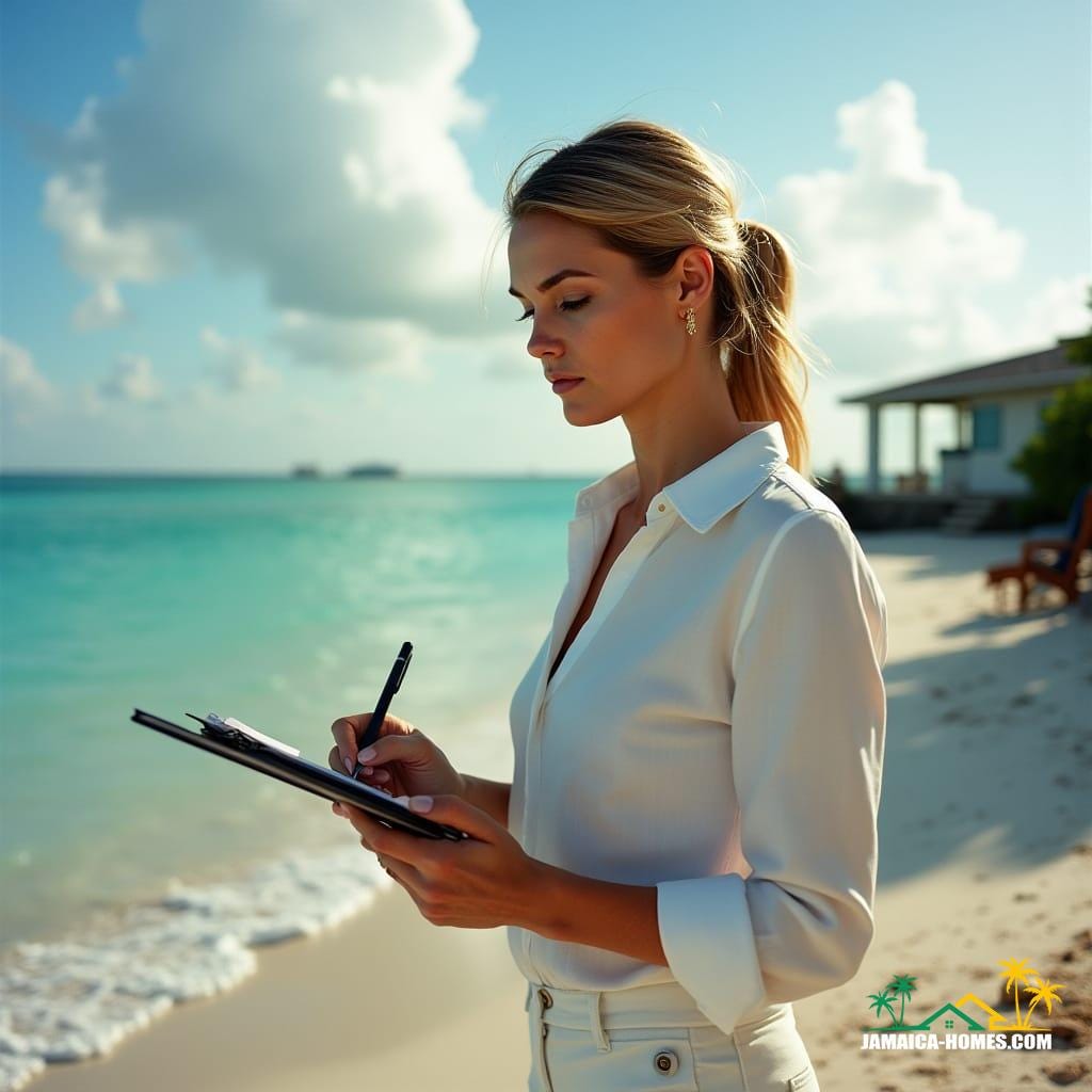 A sophisticated real estate agent, dressed in a crisp white shirt and tailored pants, stands on the sun-kissed beach, eyes fixed intently on a sleek, modern glass property, its minimalist design and clean lines a stark contrast to the charming, older properties surrounding it. Her gaze is narrowed, brow furrowed in concentration as she scribbles notes on a clipboard, trying to estimate the property's value. Nearby, a grand, double-sized property towers above the rest, its sheer scale throwing off her calculations. The warm, golden light of the Jamaican sun casts a gentle glow on the scene, with the turquoise ocean stretching out to the horizon.