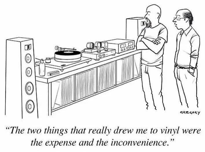 May be an image of record player, speaker and text that says 'ወወ 0 GREGORY "The two things things that really drew me to vinyl were the expense and the inconvenience."'