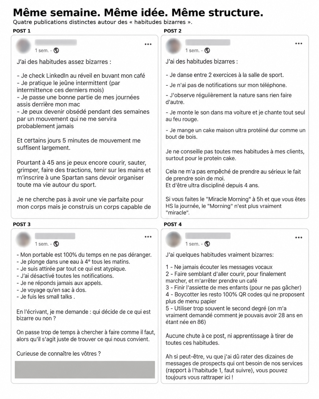 Quatre posts LinkedIn publiés la même semaine sur le thème des habitudes bizarres, avec la même accroche et la même liste à puces » / « Quatre posts LinkedIn publiés la même semaine qui listent les meilleures décisions de leur auteur, avec la même structure