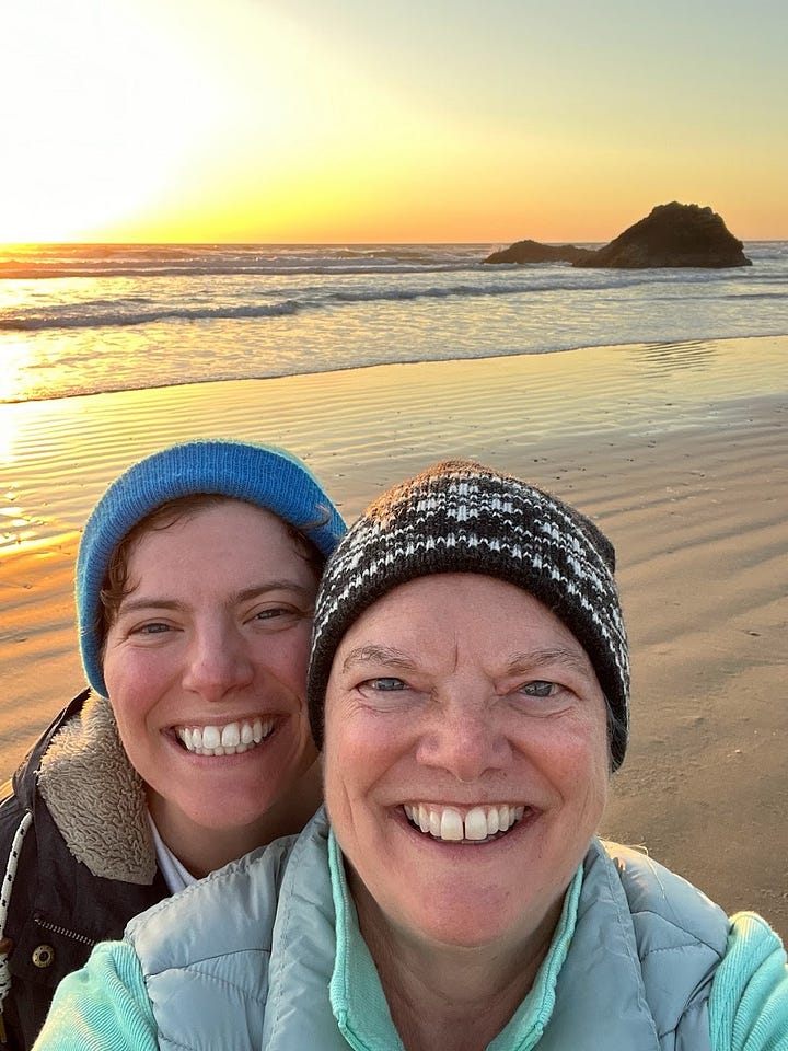 Top left: Melora Fern and her mom wearing fancy hats for a mother's day event. Top right: Melora Fern and Allie smiling wearing beanies. Bottom left: Sarah and Melora smile both wearing caps. Bottom right: Melora Fern peeling green onions wearing a hiking hat