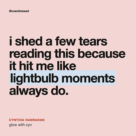 a grid of nine reader comments on overdressed + overanalyzed essays. “you brilliantly articulated what i’ve been feeling for years,” ainsley porter kelly. “i’m re-inspired to start getting dressed every day again,” tiffany han. “can i print and put in a frame?” carmen jimenez. “i shed a few tears reading this because it hit me like lightbulb moments always do,” cynthia hanrahan. “this found me at the perfect time, thank you for your service,” styled & plated. “wish i could read this 40 yrs ago,” kris. “yes i did buy valentino sweatpants to dull the psychological damage,” audrey prater. “it’s kind of scary to ask yourself what you actually want,” tuanai. “taking my baseline up a notch for sure,” paige.