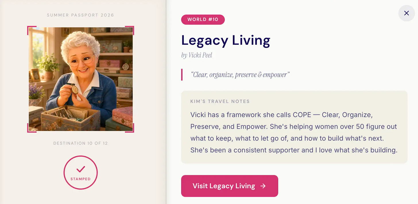 Summer Passport page for Vicki Peel's Legacy Living, showing Pixar-style character holding a locket over a keepsake box with Kim's travel notes about her COPE framework
