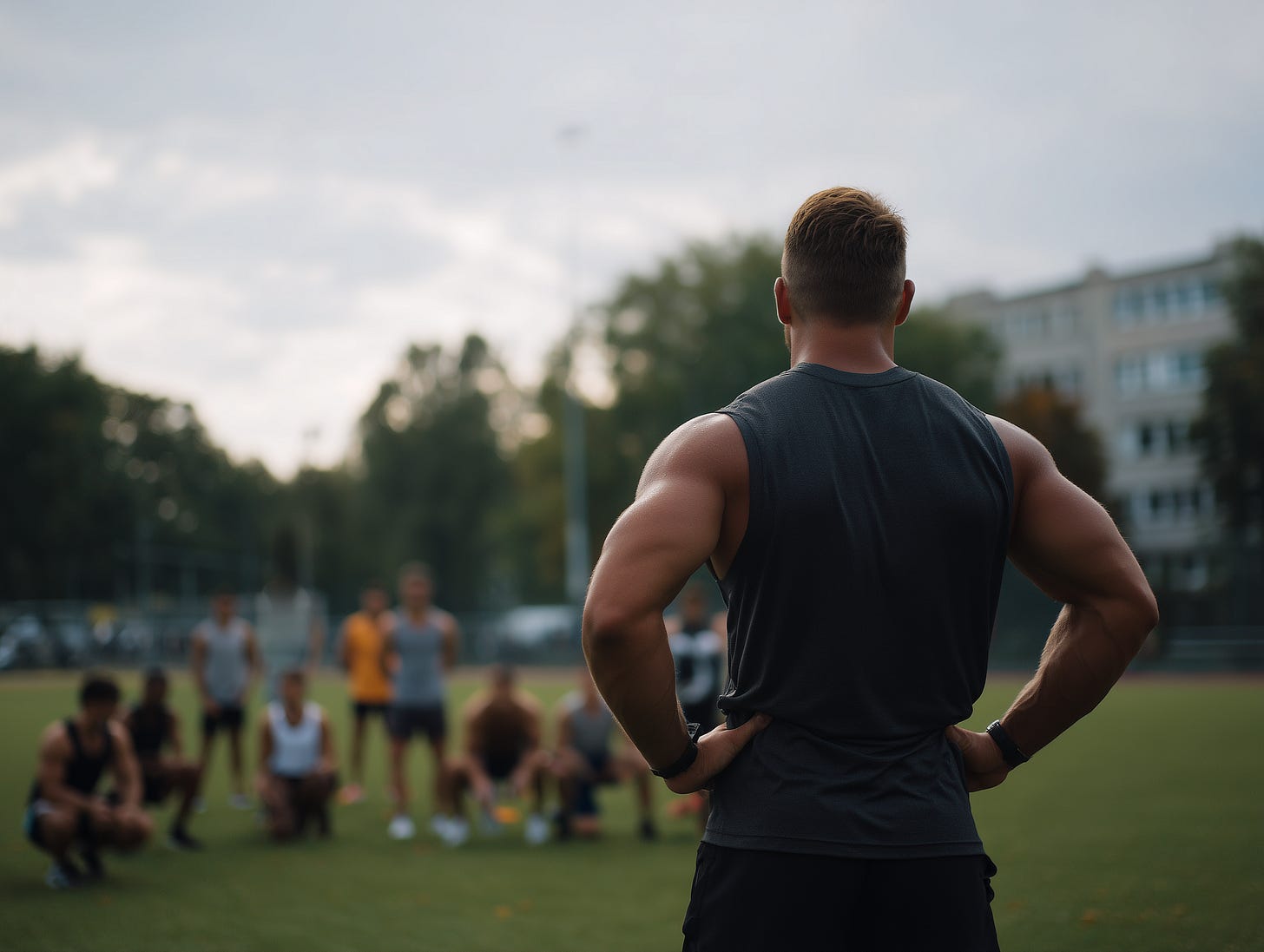 Strong, male coach taking his youth soccer team through a strength session.