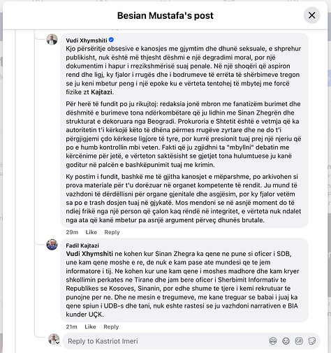 Komentet e dokumentuara të Fadil Kajtazit në postimin e Besian Mustafës.