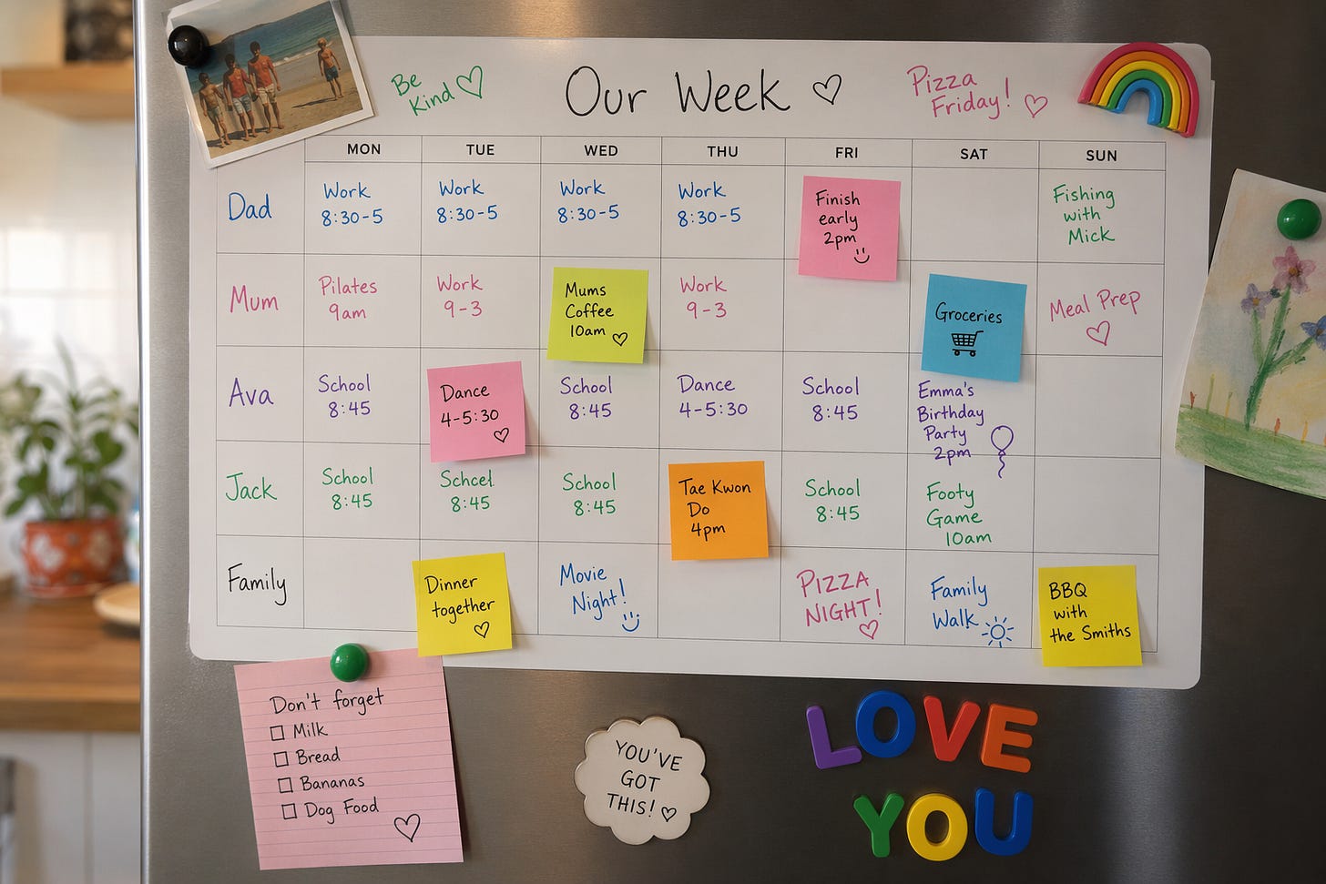 Family weekly planner on the kitchen wall with colour-coded activities