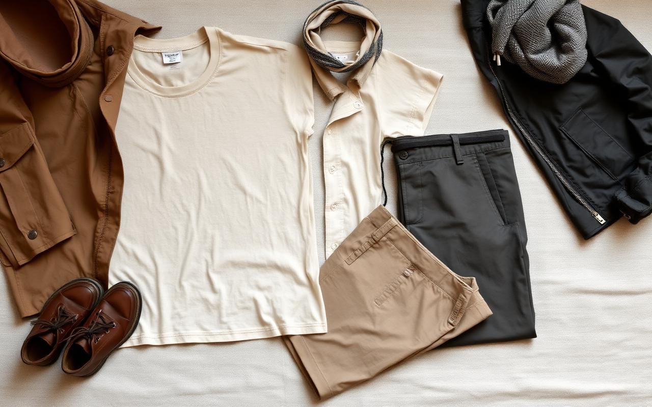Flat lay of a minimalist travel capsule wardrobe on linen background
