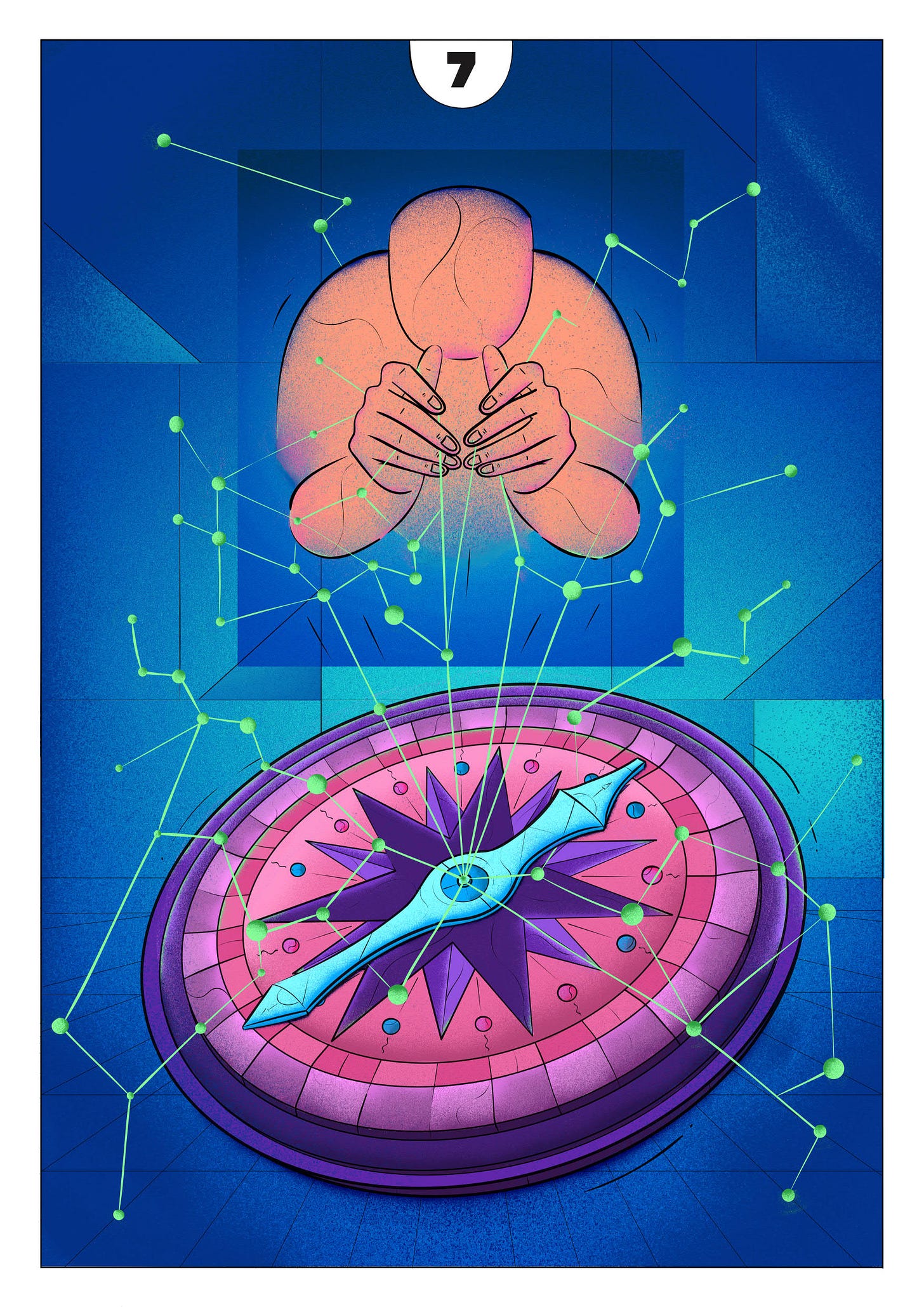 Focusing figure manipulates linked lines that join to a compass, giving direction to thought
