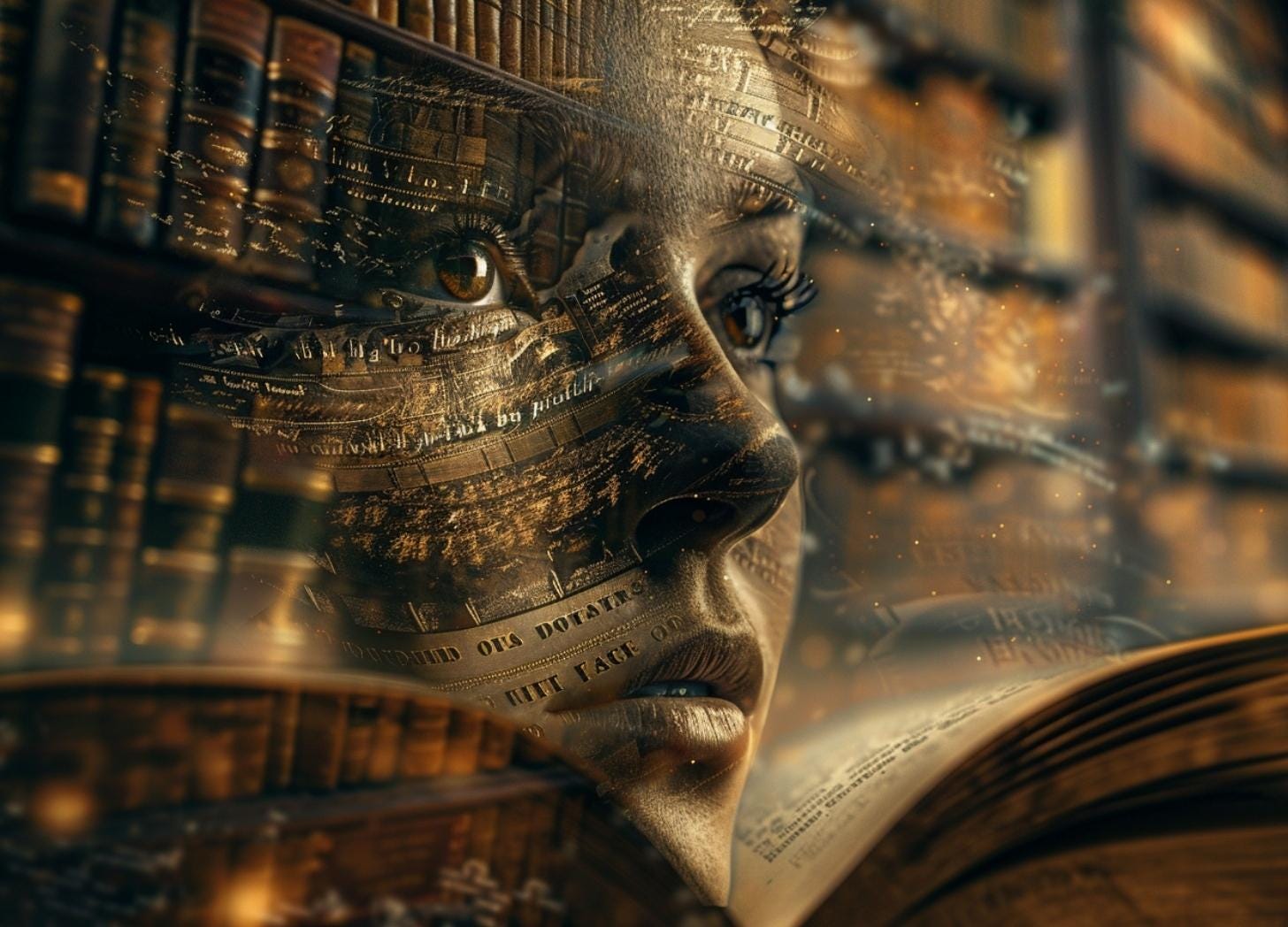A woman's face merged with open books and library shelves in a double-exposure portrait, illustrating the psychology of how we read personality