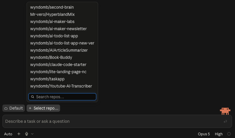 Claude Code chat with cloud repo dropdown list