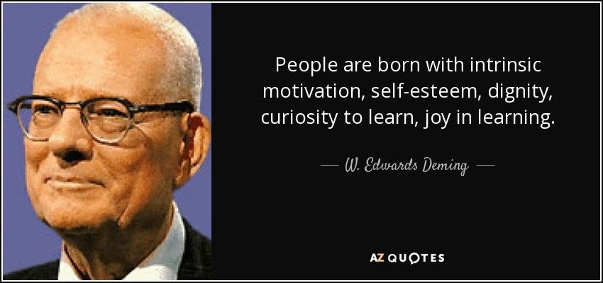 W. Edwards Deming quote: People are born with intrinsic motivation, self-esteem, dignity, curiosity to... W. Edwards Deming quote: People are born with intrinsic motivation, self-esteem, dignity, curiosity to...