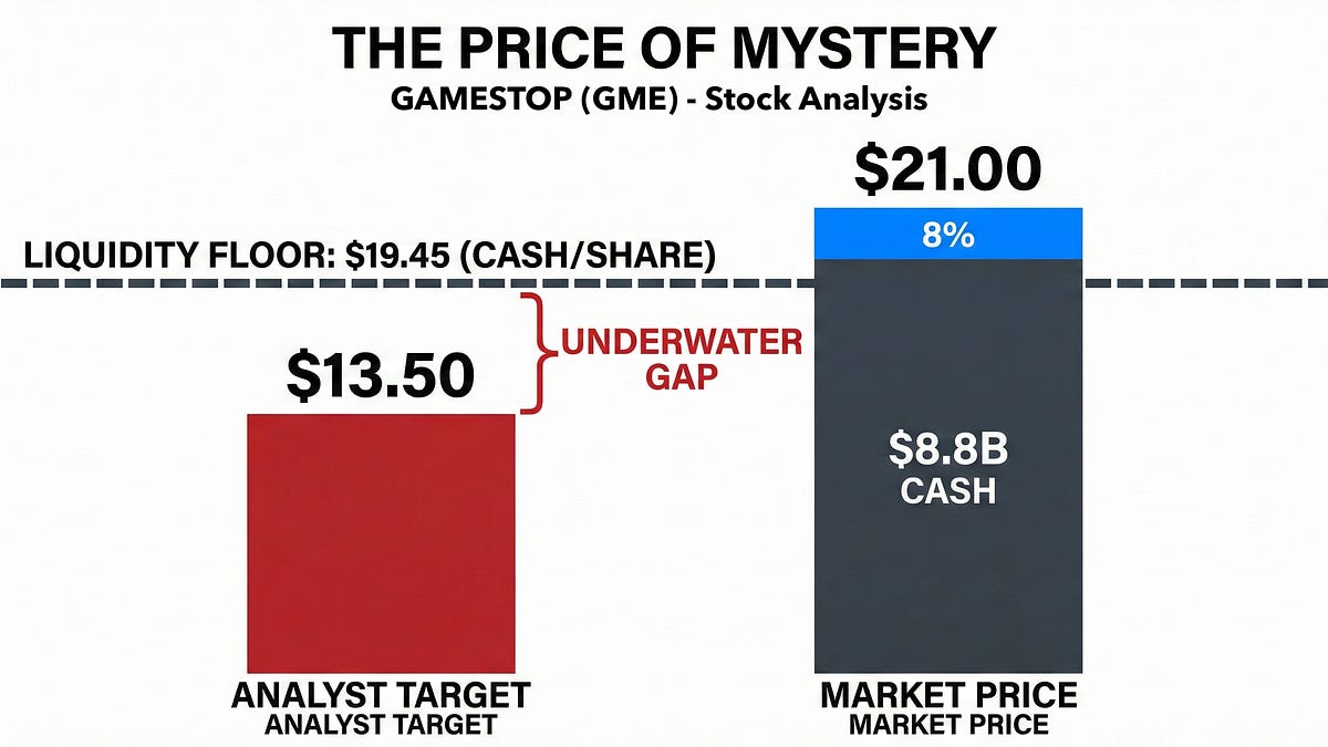 THE PRICE OF MYSTERY: One Analyst Says $13.50, The Stock Trades at $21, GameStop Holds $8.8 Billion in CashSomeone Is Catastrophically Wrong THE PRICE OF MYSTERY: One Analyst Says $13.50, The Stock Trades at $21, GameStop Holds $8.8 Billion in CashSomeone Is Catastrophically Wrong