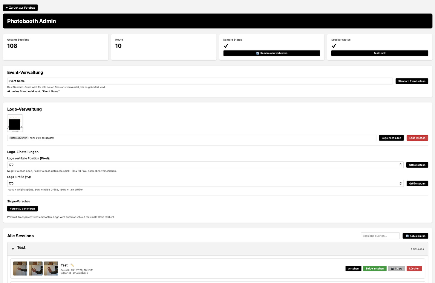 Photo booth admin dashboard showing 108 sessions, camera and printer status, event settings, and logo controls. Photo booth admin dashboard showing 108 sessions, camera and printer status, event settings, and logo controls.