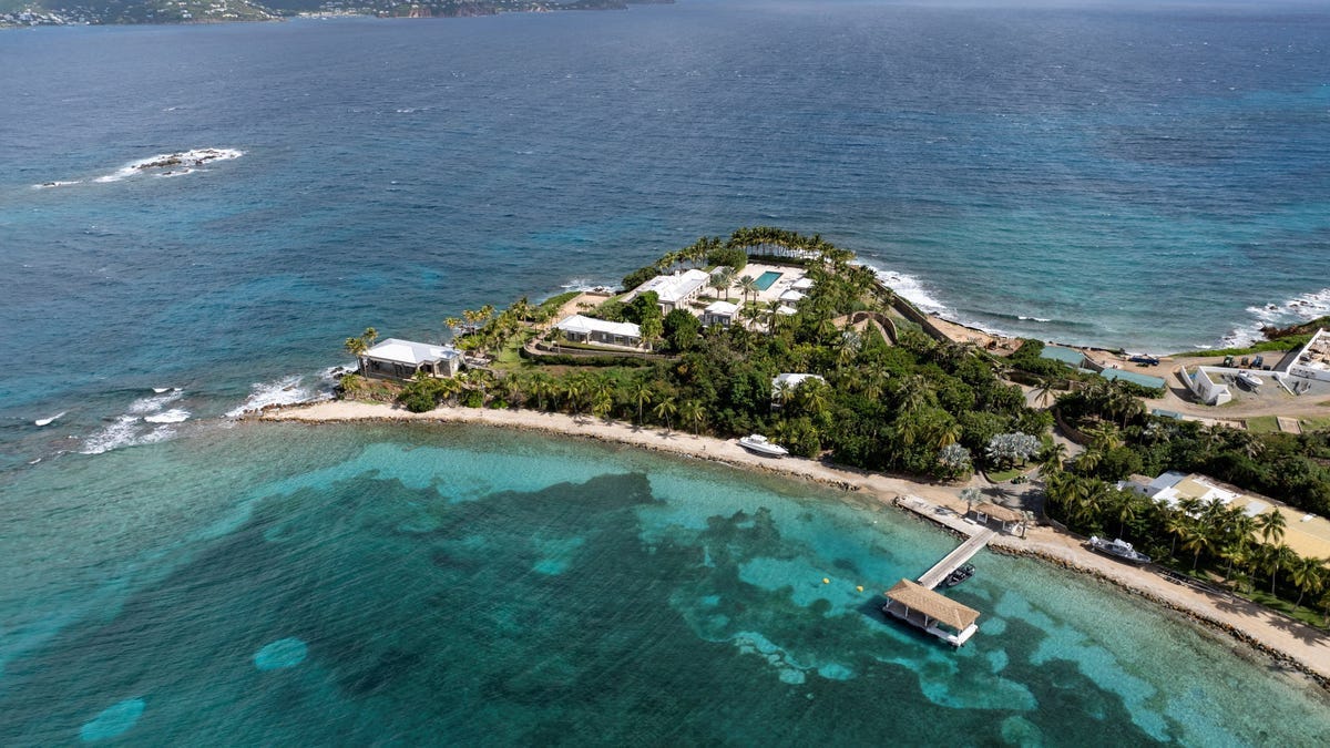 A drone view shows Little St. James, a small private island formerly owned by the late financier Jeffrey Epstein and later sold by his estate to settle lawsuits, in the U.S. Virgin Islands, on Nov. 29, 2025.