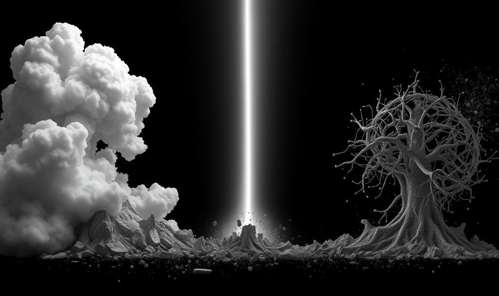 Crumbling structures of idealism and theism dissolved by a white beam of reason, illustrating the collapse of philosophies built on self-contradiction.