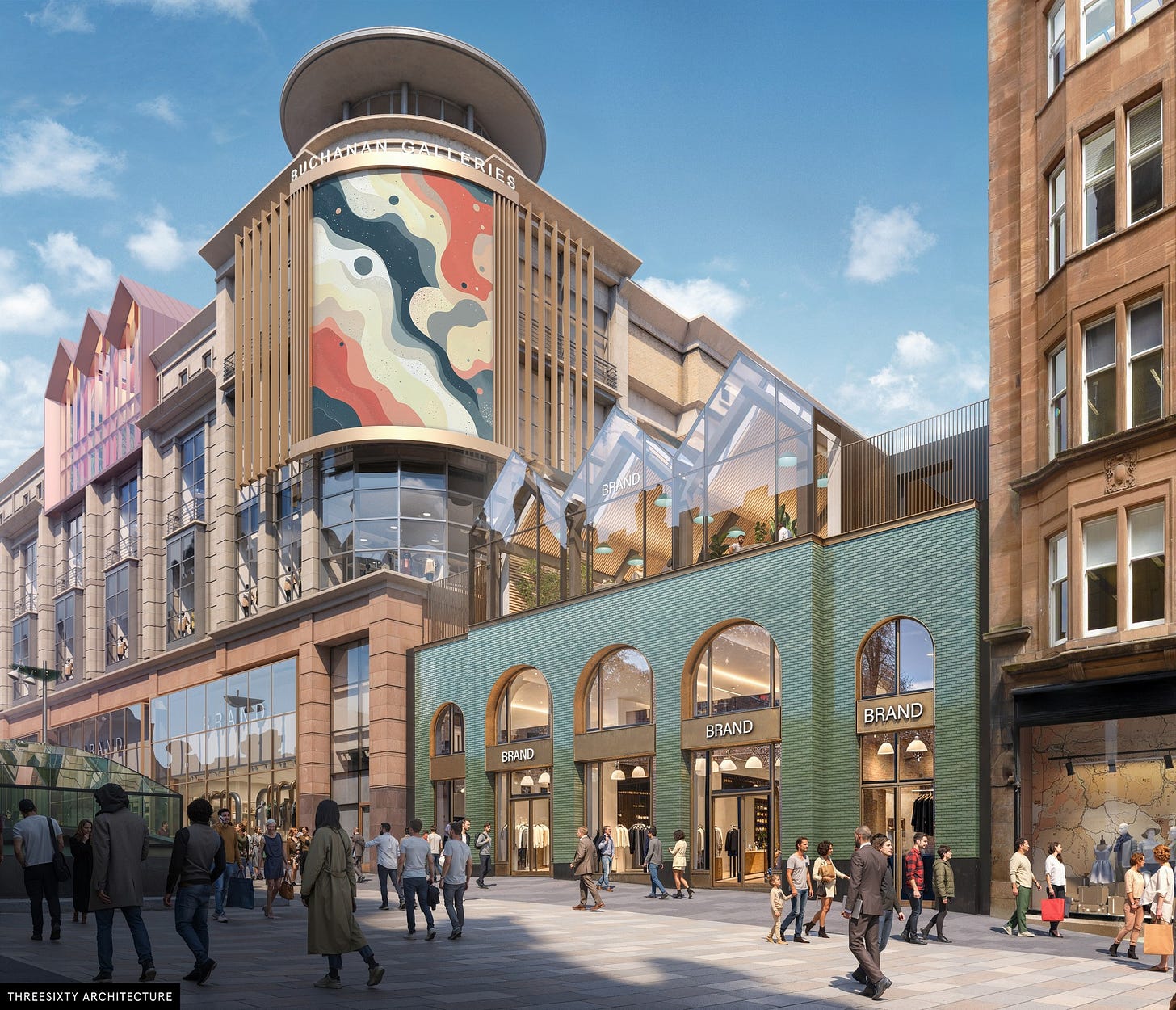 Architectural rendering of the renovated Buchanan Galleries facade in Glasgow, featuring a modern design with large circular elements, and arched entrances on a bustling street with several pedestrians.