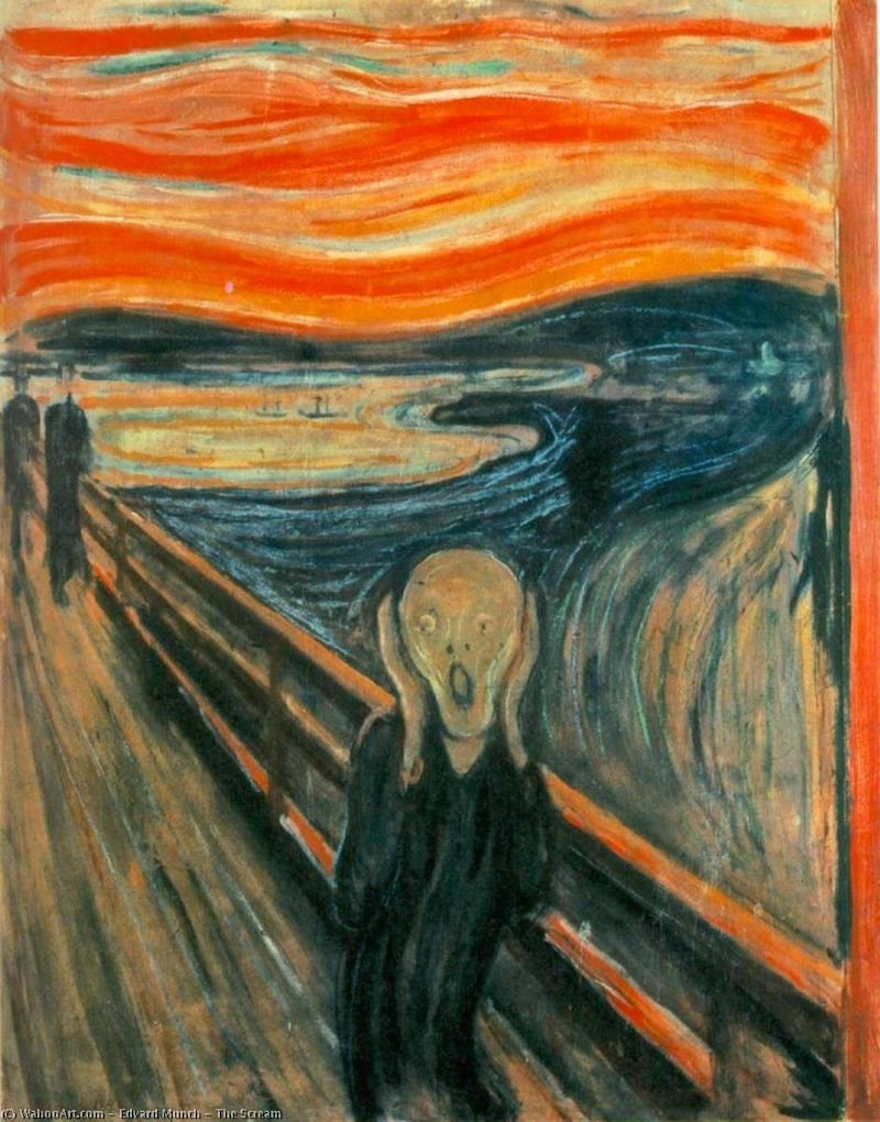 famous painting. vibrantly colored background with a person in the foreground screaming in anguish.