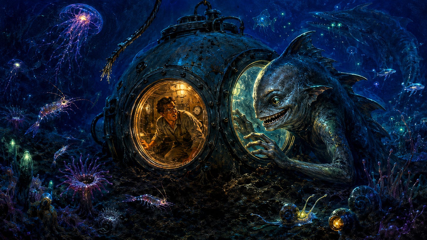 Man underwater, fish looking at him