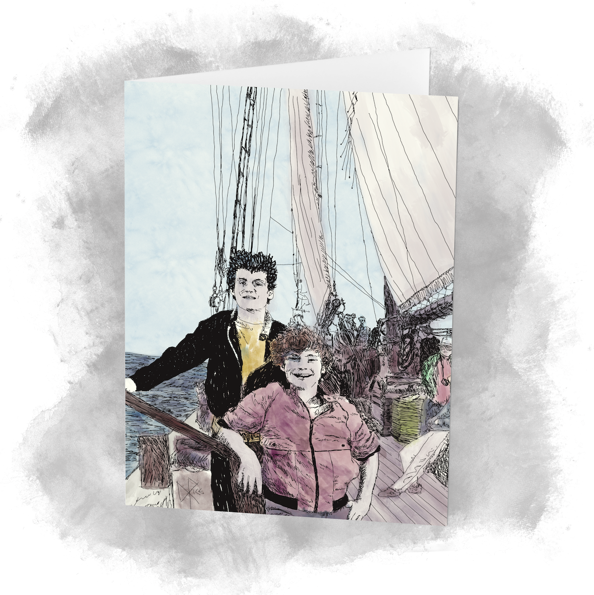 People aboard the ship, cruising on a beautiful day. Sketch art by Don Rice. People aboard the ship, cruising on a beautiful day. Sketch art by Don Rice.