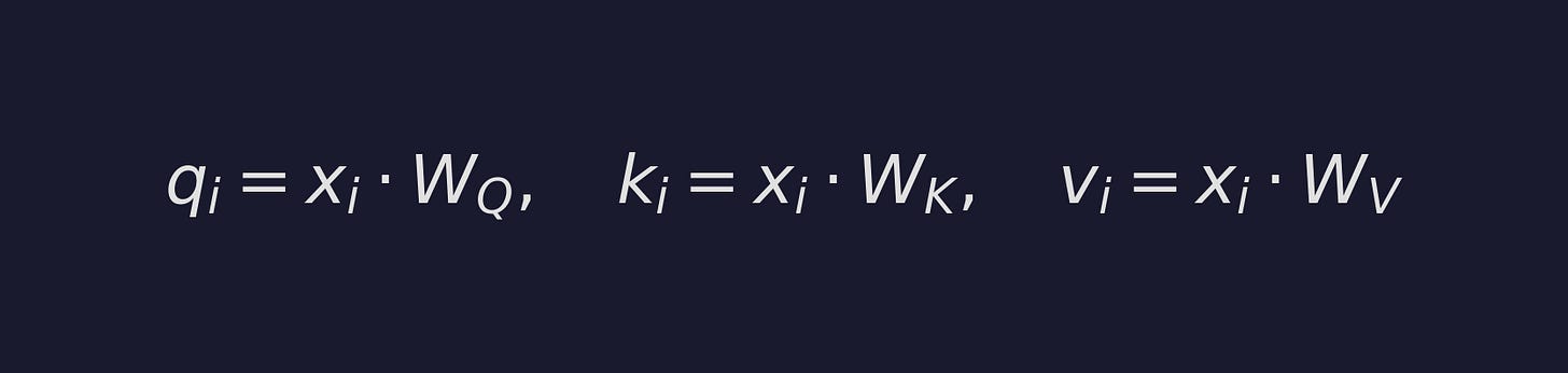 q_i = x_i · W_Q, k_i = x_i · W_K, v_i = x_i · W_V q_i = x_i · W_Q, k_i = x_i · W_K, v_i = x_i · W_V