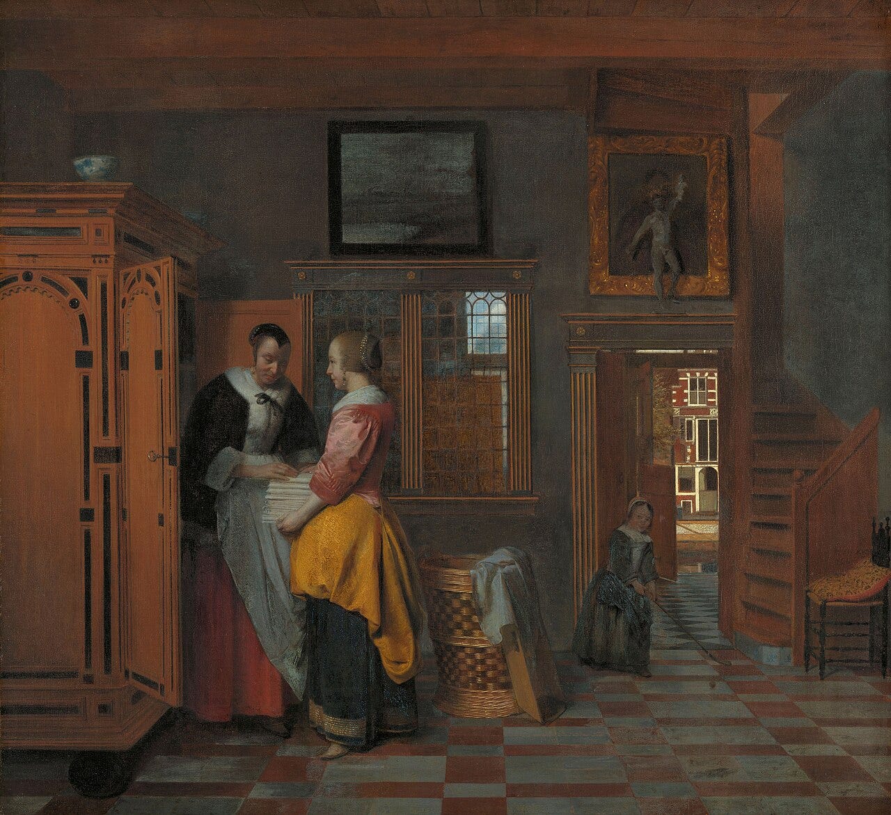 Interior with Women beside a Linen Cupboard by Pieter de Hooch: women at a carved cupboard, a girl by the door Interior with Women beside a Linen Cupboard by Pieter de Hooch: women at a carved cupboard, a girl by the door