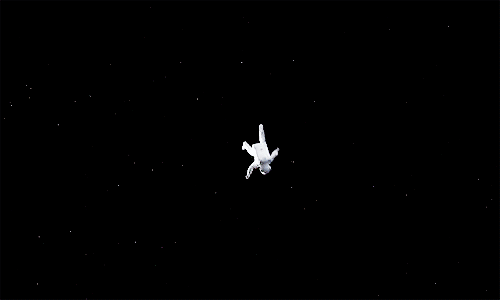 This may contain: a black and white photo of a cat flying in the air at night with stars