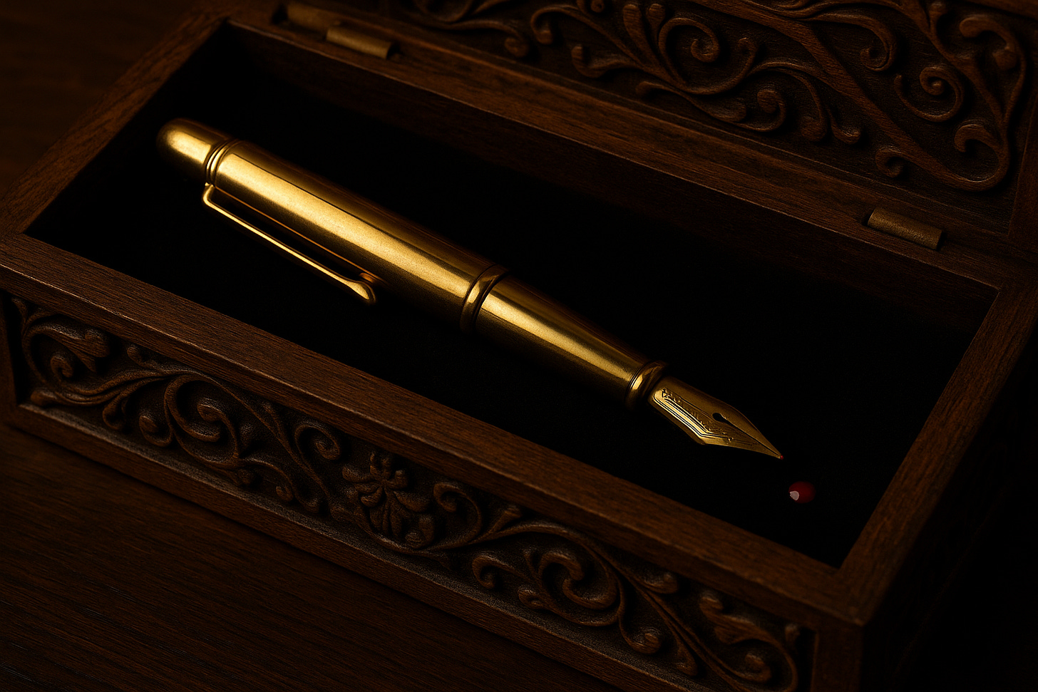 An antique gold fountain pen rests in an elaborately carved wooden box lined with black velvet. The carvings twist together in strange patterns, shapes that could almost be faces if you stare too long. A faint red gleam shines on the nib, hinting at something darker beneath the heirloom’s beauty.