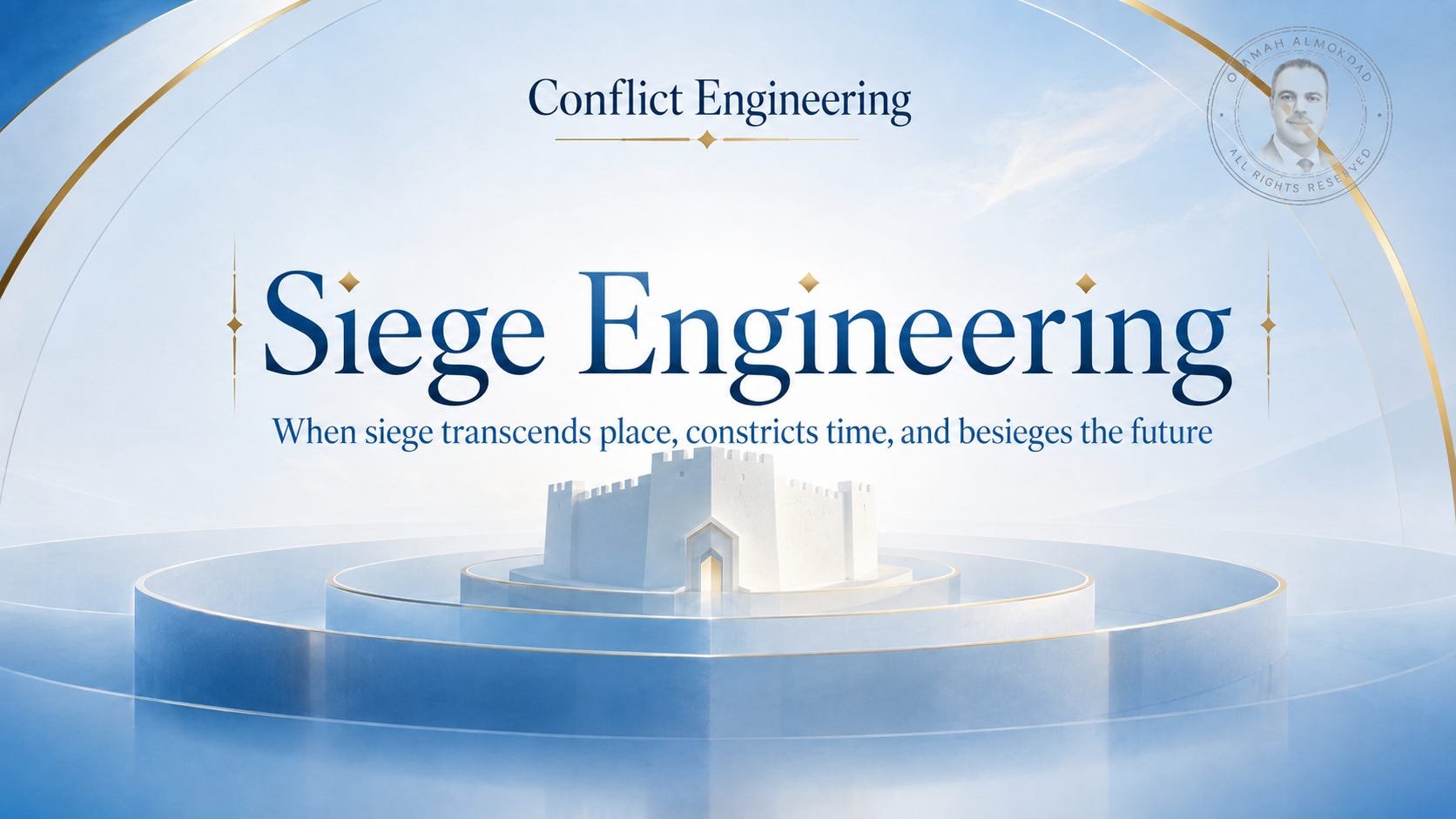 Editorial cover for “Siege Engineering,” showing a central fortress surrounded by concentric barriers symbolizing the expansion of siege from physical encirclement to constraints on capability and the future. Editorial cover for “Siege Engineering,” showing a central fortress surrounded by concentric barriers symbolizing the expansion of siege from physical encirclement to constraints on capability and the future.