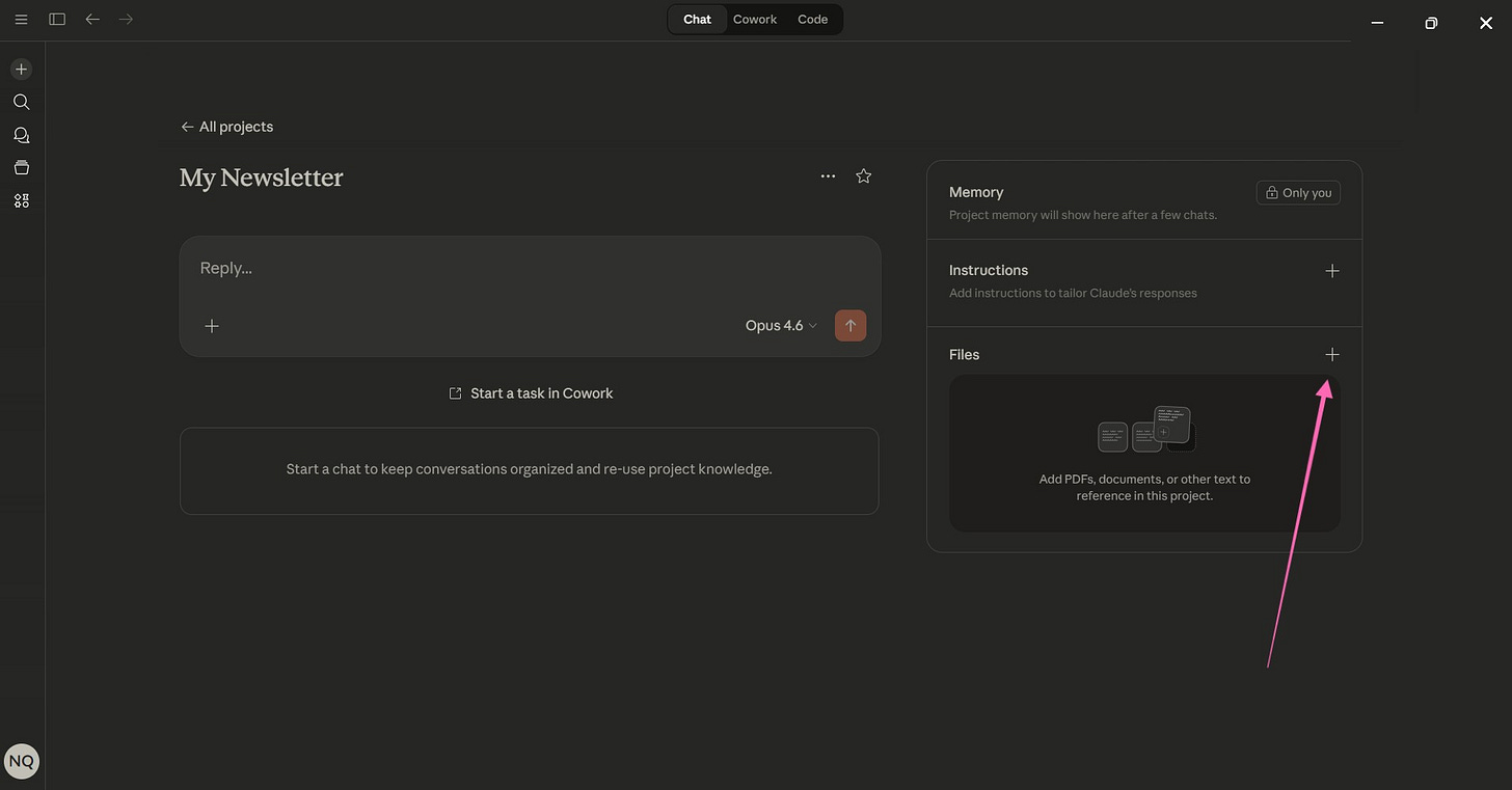 Screenshot of Claude Project interface highlighting the “Files” section with the plus icon selected, showing where to upload documents and add knowledge to a Claude Project for persistent AI memory and contextual awareness. Screenshot of Claude Project interface highlighting the “Files” section with the plus icon selected, showing where to upload documents and add knowledge to a Claude Project for persistent AI memory and contextual awareness.