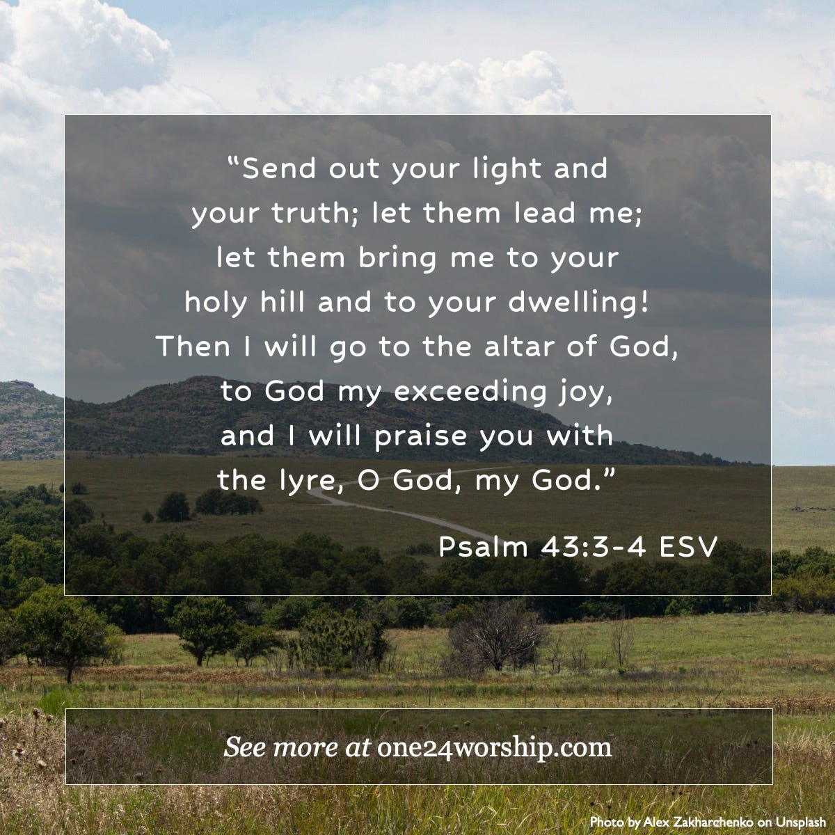 Image of field by Alex Zakharchenko on Unsplash with Psalm 43:3-4 quote superimposed.