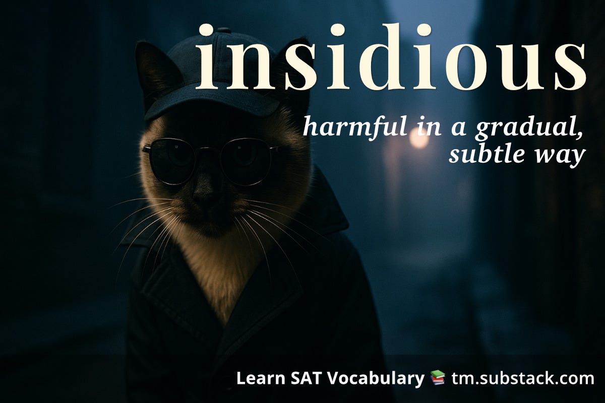 Illustration of a cat wearing sunglasses, cap, and jacket in a dark alley; used to illustrate the SAT word 'insidious'.