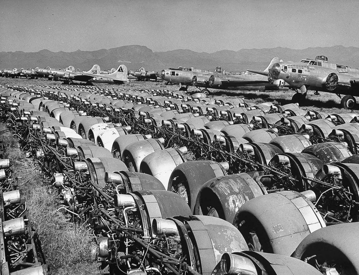 Engines are carefully removed from mothballed planes at Kingman Air Force Base, signaling the end of their service in 1947. Engines are carefully removed from mothballed planes at Kingman Air Force Base, signaling the end of their service in 1947.