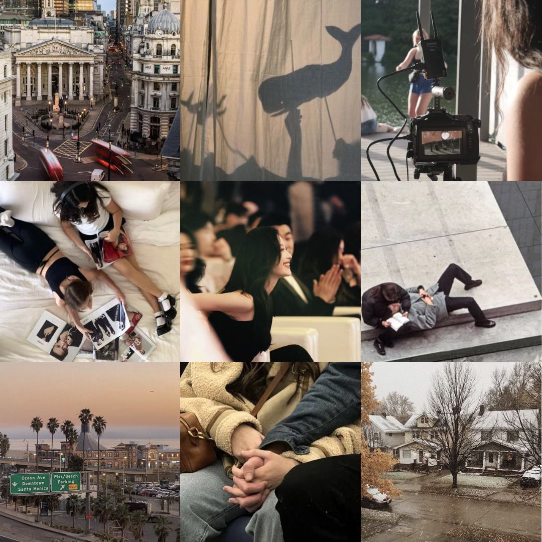Left to right: Overview of London; shadow of a whale against a beige curtain; woman behind a camera, filming two people; bird's eye view of two girls on a bed reading magazines; a woman smiling with people applauding in the background; a man lays on a woman's lap as she reads; overview of LA; a close-up of a couple holding hands; snow on houses