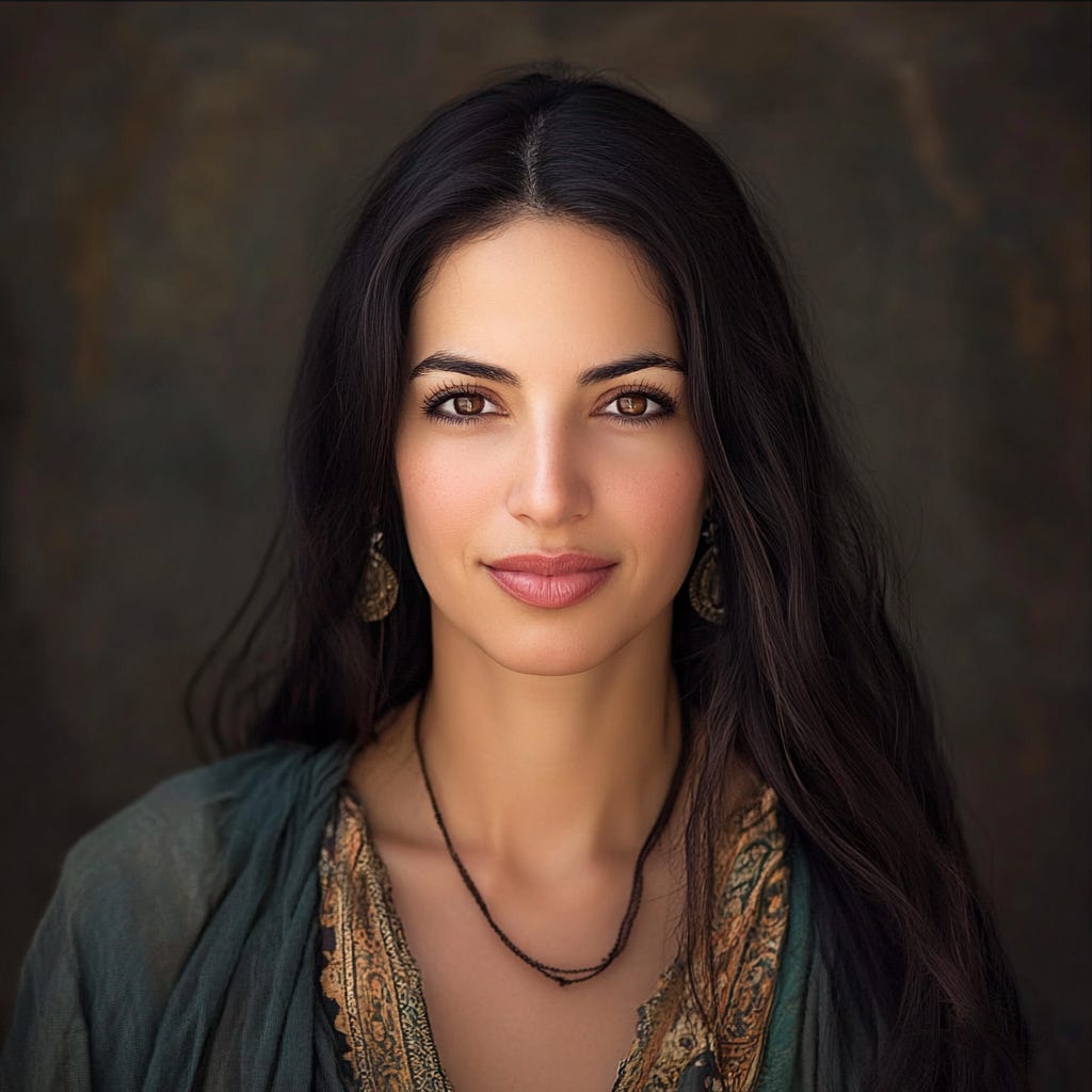 Liat Portal for The Liat Show, reimagined portrait by MidJourney. Liat Portal for The Liat Show, a stylized digital rendering of a woman with long dark hair, soft golden-brown skin tone, wearing detailed embroidered clothing and antique-style earrings, gazing directly with expressive eyes. The image reflects cultural depth, timeless beauty, and artistic reimagination in the context of storytelling and identity.