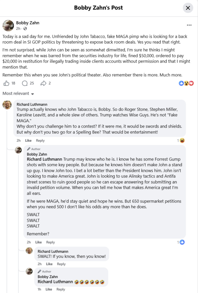 Staten Island Spelling Bee: Tabacco vs Reilly turns Staten Island GOP primary into petition war, feud, and satire defined by one word: SWALT.