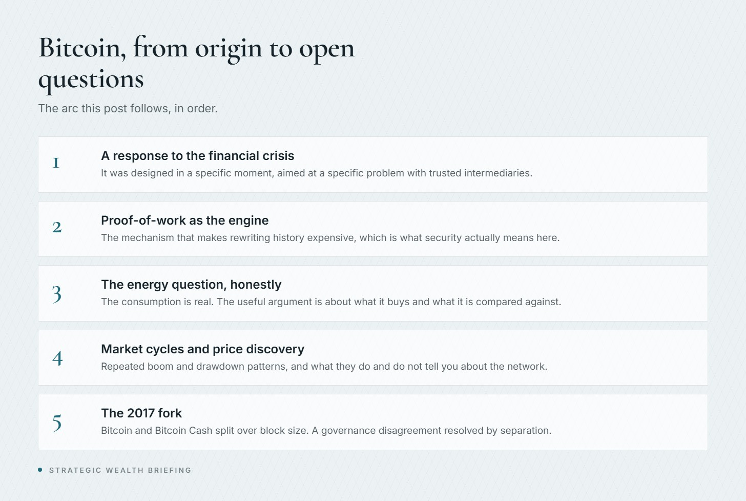 Overview of understanding Bitcoin: its origin as a response to the financial crisis, how proof-of-work secures the network, the energy debate, market cycles, and the 2017 fork into Bitcoin Cash. Overview of understanding Bitcoin: its origin as a response to the financial crisis, how proof-of-work secures the network, the energy debate, market cycles, and the 2017 fork into Bitcoin Cash.