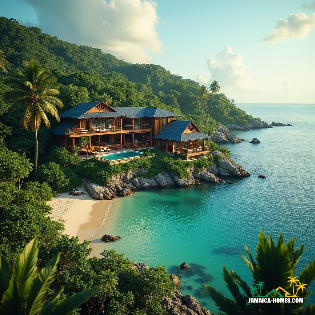 Luxury villas on Jamaica's coastline, surrounded by lush tropical greenery and turquoise waters, exuding an air of opulence and eco-friendliness.