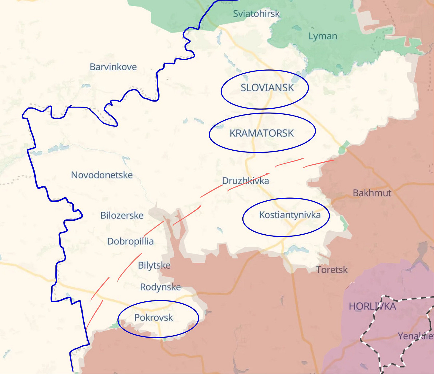Geographical map of the northern part of Donetsk Oblast highlighting four cities. Pokrovsk and Kostyantynivka lie directly on the front line, while farther back, still firmly under Ukrainian control and not yet under Russian attack, are Kramatorsk and Sloviansk. All four cities are located within a narrow strip of land.