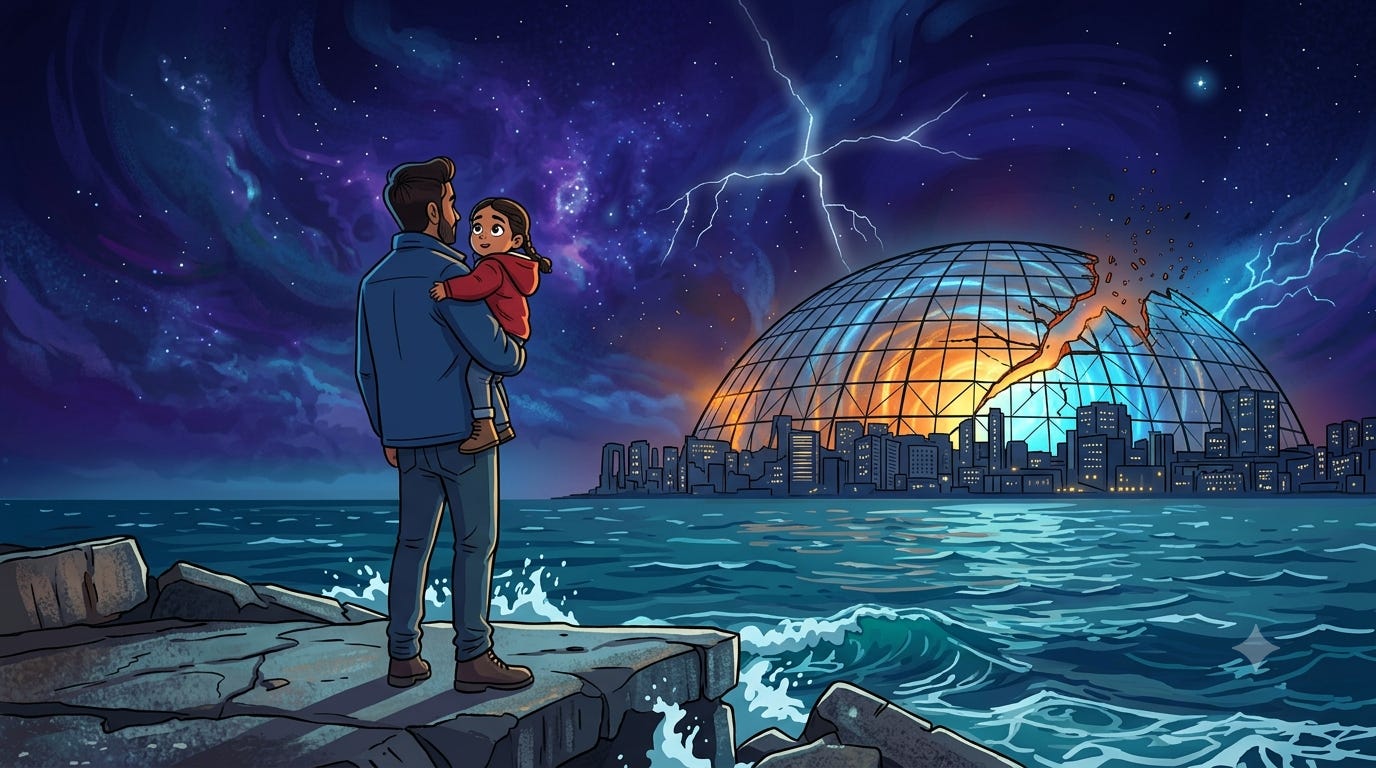 An illustration showing a father holding his daughter on a rocky outcrop, observing a cracked geodesic dome over a city across a body of water. The night sky above is a purple and blue cosmic scene with lightning. An illustration showing a father holding his daughter on a rocky outcrop, observing a cracked geodesic dome over a city across a body of water. The night sky above is a purple and blue cosmic scene with lightning.