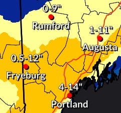 May be an image of map and text that says '0.9" Rumford 1-11" 0.5-12" 12" Augusta Fryeburg Frye 4-14" Portland'