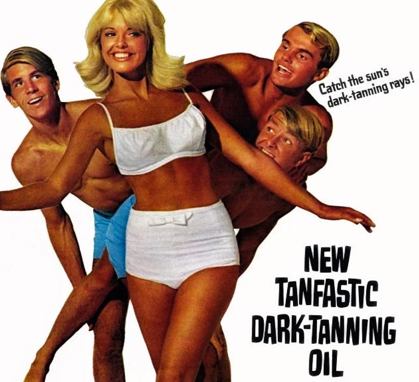 1960s blonde with a dark tan in a white bikini being ogled by three blond men. 1960s blonde with a dark tan in a white bikini being ogled by three blond men.